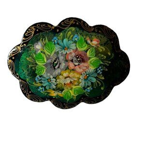 VTG Russian Lacquerware Hand Painted Florals Signed Scalloped Wood Brooch